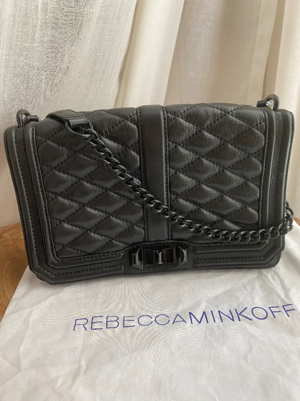 Rebecca Minkoff Love Quilted Leather Crossbody Bag Black Gunmetal Chain Dustbag